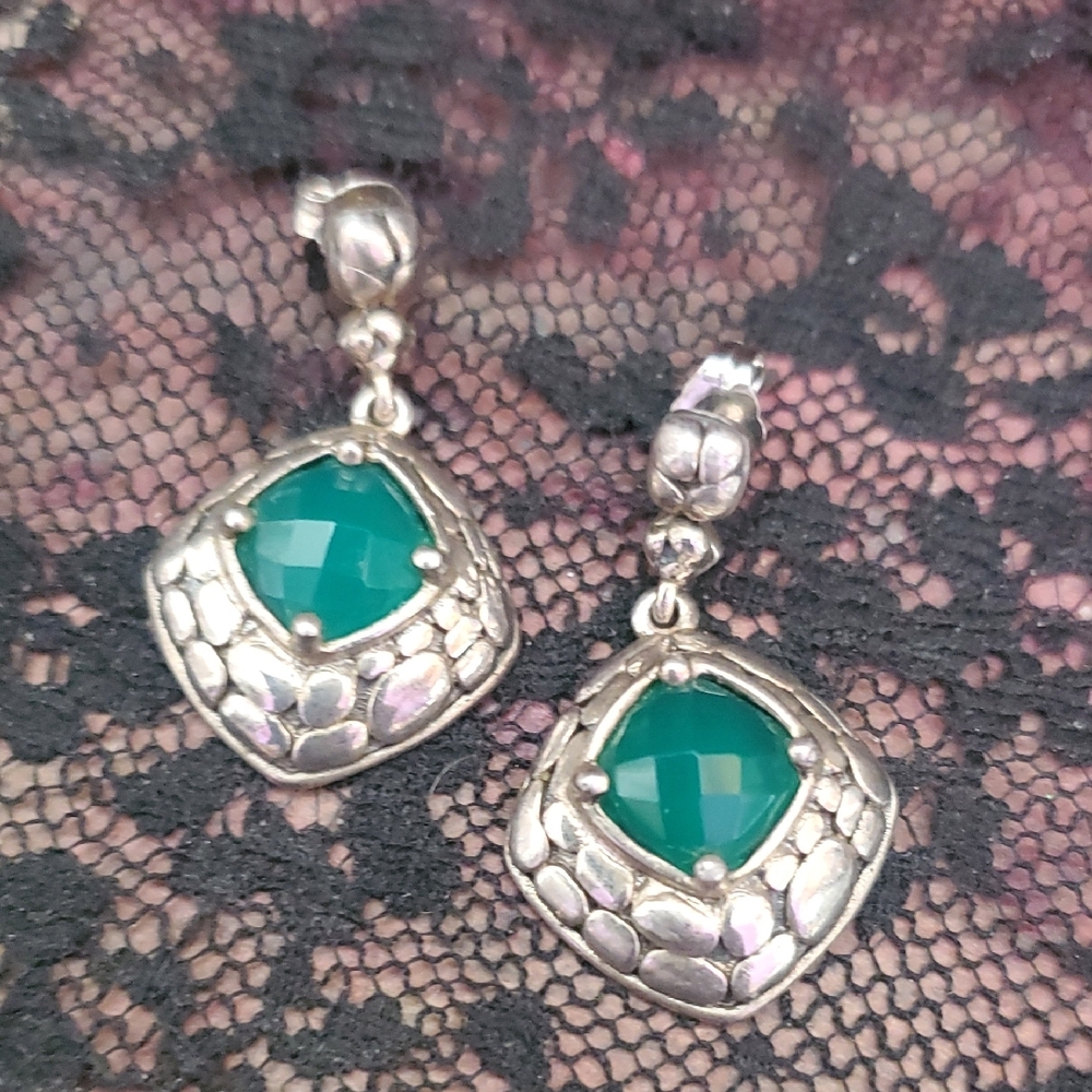 Elegant Sterling Silver and Raw Natural Emerald Earrings DX977